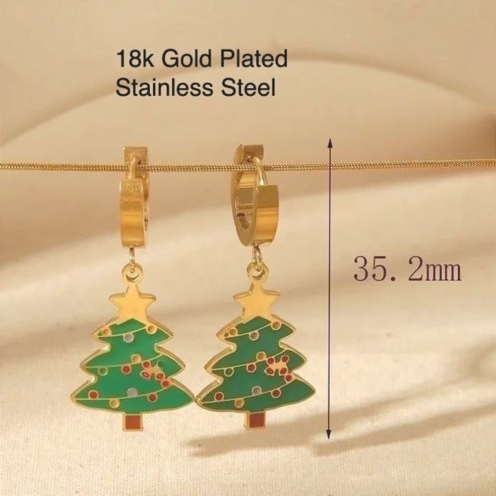 18k Gold‎ Plated Stainless Steel Christmas Tree Dangle Hoop Huggie Earrings